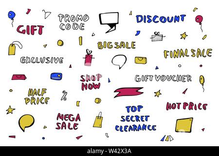 Set of sale phrases and objects for promotion banners. Collection promo ...