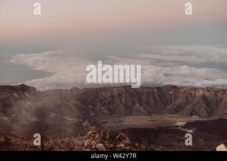 Sunrise aerial view of CaÃ±adas de El Teide from summit Stock Photo