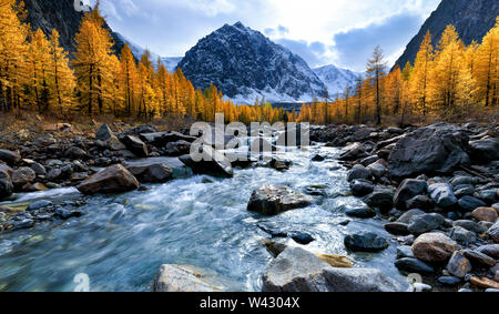 Autumn landscape with Aktru river and peak Karatash. Altai Mountains. Siberia. Russia Stock Photo