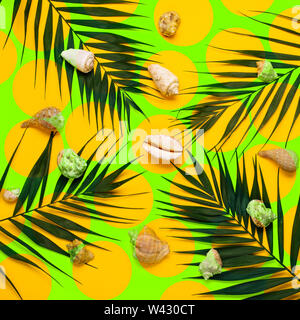 Flat lay traveler accessories with palm leaf, seashells . Top view travel or vacation concept. Summer background. Stock Photo