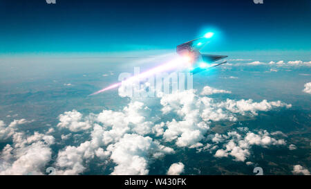 Space ship traveling in the clouds. Ufo hurtling at high speed in the earthly skies. 3d rendering Stock Photo