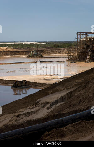 Managing & transporting of titanium mineral sands at mine site. Mining by dredging in freshwater ponds. Dredges pump sand into wet concentrator plant. Stock Photo