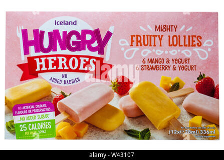 Box of Iceland Hungry Heroes mighty fruit lollies isolated on white background - mango & yogurt and strawberry & yogurt flavours - no added sugar Stock Photo