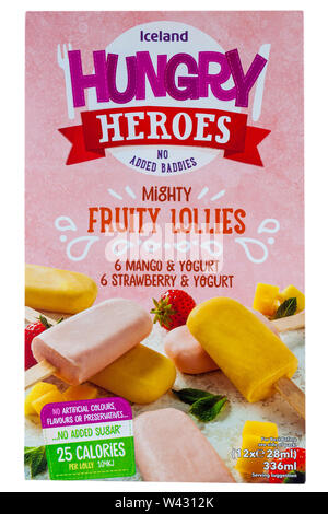 Box of Iceland Hungry Heroes mighty fruit lollies isolated on white background - mango & yogurt and strawberry & yogurt flavours - no added sugar Stock Photo