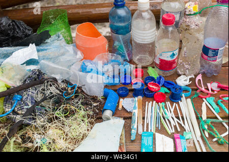 A constant supply of plastic pollution washes up on the beaches of Agulhas National Park, Cape Agulhas, Western Cape, South Africa. Stock Photo