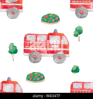 Watercolor Hand drawn fire trucks and green tree seamless pattern on white background. Cartoon illustration, baby cute truck style illustration Stock Photo