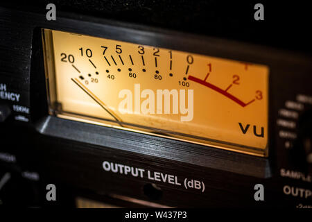 Close-up of vintage analog audio output level meter Stock Photo