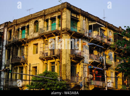 Yangon, Myanmar - Feb 13, 2017. Part of old apartment at downtown in Yangon, Myanmar. Yangon now has the largest number of colonial buildings in the s Stock Photo