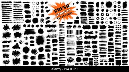 Brush strokes bundle. Vector paintbrush set. Circle frames. Round grunge design elements. Rectangle, square and burst text boxes. Dirty distress textu Stock Vector