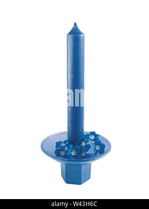 Blue Wax Candle Isolated on a White Background. Stock Photo