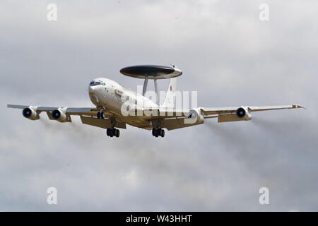 NATO AWACS Boeing E-3A Sentry arriving at the Royal International Air Tattoo RIAT 2019 at RAF Fairford, Gloucestershire, UK Stock Photo