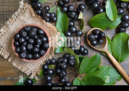 Black chokeberry (Aronia melanocarpa) in wooden bowl, fresh black chokeberry  in wooden spoon and green leaves, top view Stock Photo