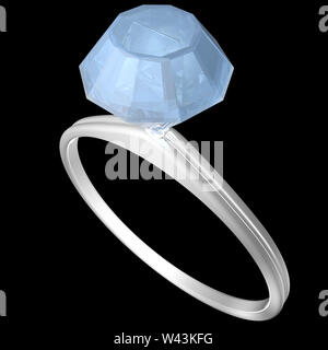 Engagement ring in white gold with a big blue diamond on black background. 3D illustration Stock Photo