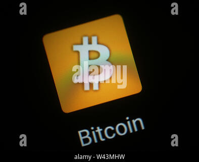 Bitcoin application icon on computer display Stock Photo