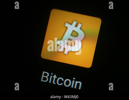 Bitcoin application icon on computer display Stock Photo