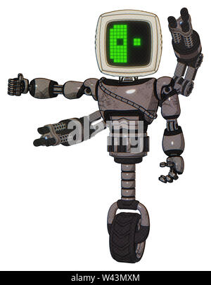 Robot containing elements: old computer monitor, abstract mask pixel face, light chest exoshielding, cable sash, minigun back assembly, unicycle... Stock Photo
