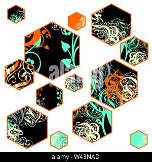 Ornamented hexagon shape vector abstract background in bold vivid colors Stock Vector