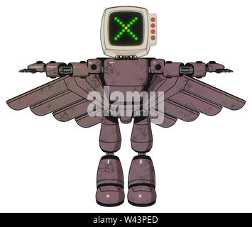 Robot containing elements: old computer monitor, pixel x, red buttons, light chest exoshielding, prototype exoplate chest, pilot's wings assembly,... Stock Photo