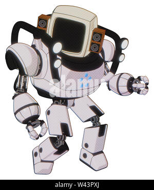 Robot containing elements: old computer monitor, old retro speakers, heavy upper chest, circle of blue leds, shoulder headlights, prototype exoplate. Stock Photo