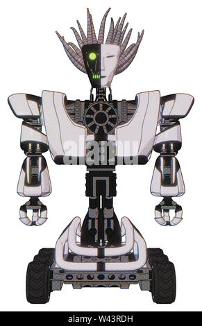 Automaton containing elements: humanoid face mask, two-face black white mask, heavy upper chest, heavy mech chest, six-wheeler base. Material: white. Stock Photo