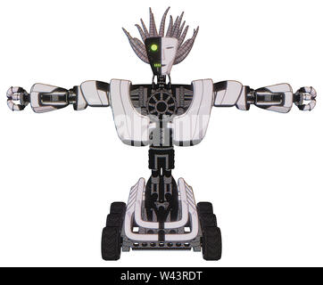 Automaton containing elements: humanoid face mask, two-face black white mask, heavy upper chest, heavy mech chest, six-wheeler base. Material: white. Stock Photo