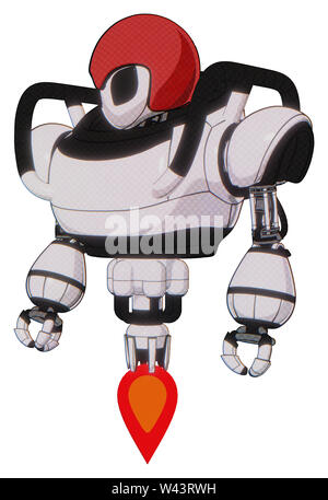 Automaton containing elements: grey alien style head, black eyes, red helmet, heavy upper chest, jet propulsion. Material: white halftone toon. Stock Photo