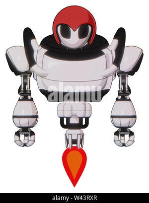 Automaton containing elements: grey alien style head, black eyes, red helmet, heavy upper chest, jet propulsion. Material: white halftone toon. Stock Photo