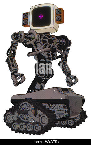 Robot containing elements: old computer monitor, magenta symbol display, old retro speakers, heavy upper chest, no chest plating, tank tracks. Stock Photo