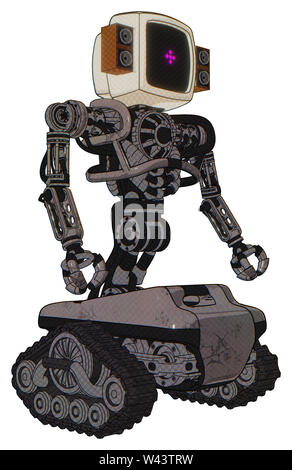 Robot containing elements: old computer monitor, magenta symbol display, old retro speakers, heavy upper chest, no chest plating, tank tracks. Stock Photo
