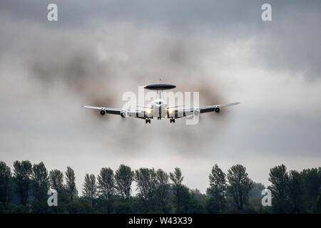 NATO E-3A Sentry AWACS modified Boeing 707 coming into land at RAF Fairford in Gloucestershire during the Royal International Air Tattoo. Stock Photo