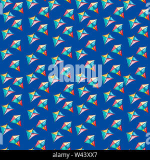 Seamless pattern with watercolor kite. Diamond-shaped cartoon multi-colored snake on a blue background. Sharp shapes drawn with colored pencils. Child Stock Photo