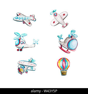 Children's watercolor set with helicopters. Watercolor illustrations with isolated airplane, helicopters, airplanes on white background. Bright stripe Stock Photo