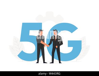 Businessmen make a contract before big letters 5G. Fifth generation network wireless, internet technology Stock Vector