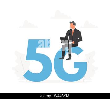 Businessman with laptop sitting on a big letters 5G. Fifth generation network wireless, internet technology Stock Vector