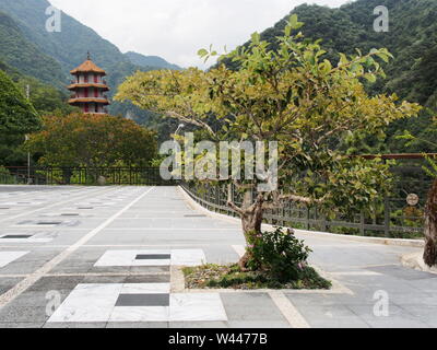 Hsiangte buddist temple, tree and tower, Taroko National Park, Taiwan Stock Photo