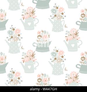 Flowers in watering can vintage colors seamless vector pattern. Stock Vector