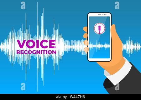 Personal assistant and voice recognition mobile app. Hand holds smartphone with microphone button on screen and speech sound wave. Soundwave Stock Vector