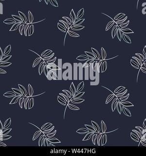 Hand drawn outline leaves deep blue colors seamless vector pattern. Stock Vector