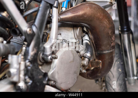 Motocross motorbike close up engine details view . Stock Photo