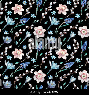 Watercolor seamless pattern of blue and light pink spring flowers, Easter and Mother's day decoration background. Stock Photo