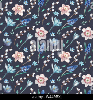 Watercolor seamless pattern of blue and light pink spring flowers, Easter and Mother's day decoration background. Stock Photo