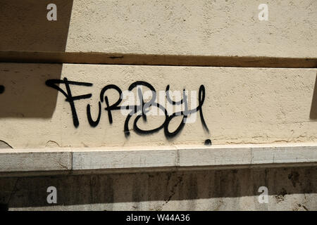 Furby! spray painted on a wall in Granada, Spain. Stock Photo