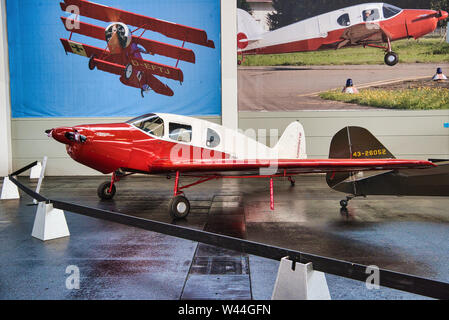 FRIEDRICHSHAFEN - MAY 2019: red plane BELLANCA CRUSAIR SENIOR 1946 at Motorworld Classics Bodensee on May 11, 2019 in Friedrichshafen, Germany. Stock Photo