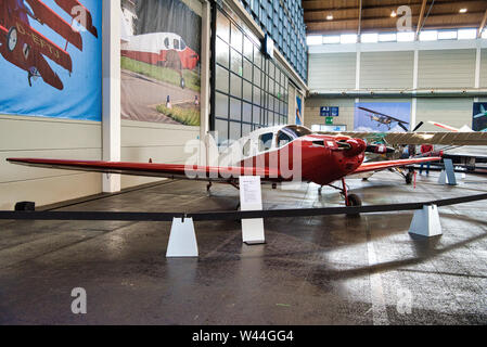 FRIEDRICHSHAFEN - MAY 2019: red plane BELLANCA CRUSAIR SENIOR 1946 at Motorworld Classics Bodensee on May 11, 2019 in Friedrichshafen, Germany. Stock Photo