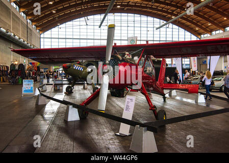 FRIEDRICHSHAFEN - MAY 2019: red plane PZL-104 WILGA 35 1976 at Motorworld Classics Bodensee on May 11, 2019 in Friedrichshafen, Germany. Stock Photo