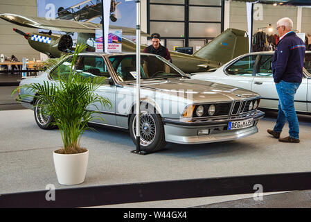 FRIEDRICHSHAFEN - MAY 2019: silver BMW E24 M 635 CSi 1983 coupe at Motorworld Classics Bodensee on May 11, 2019 in Friedrichshafen, Germany. Stock Photo