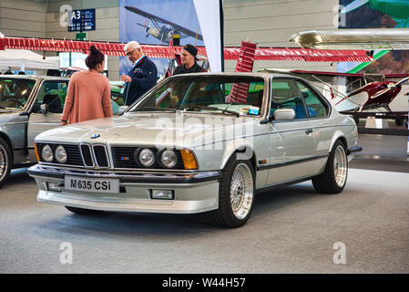 FRIEDRICHSHAFEN - MAY 2019: silver BMW E24 M 635 CSi 1983 coupe at Motorworld Classics Bodensee on May 11, 2019 in Friedrichshafen, Germany. Stock Photo