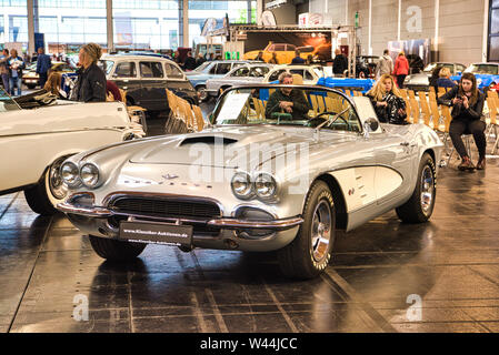 FRIEDRICHSHAFEN - MAY 2019: silver CHEVROLET CORVETTE C1 1961 cabrio at Motorworld Classics Bodensee on May 11, 2019 in Friedrichshafen, Germany. Stock Photo