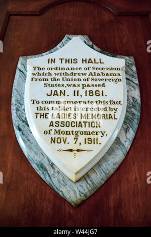 A marble plaque hangs in a Alabama State Capitol chamber decrying  the Ordinance of Secession from the Union on Jan 11, 1861, Montgomery, AL Stock Photo