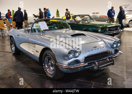 FRIEDRICHSHAFEN - MAY 2019: silver CHEVROLET CORVETTE C1 1961 cabrio at Motorworld Classics Bodensee on May 11, 2019 in Friedrichshafen, Germany. Stock Photo